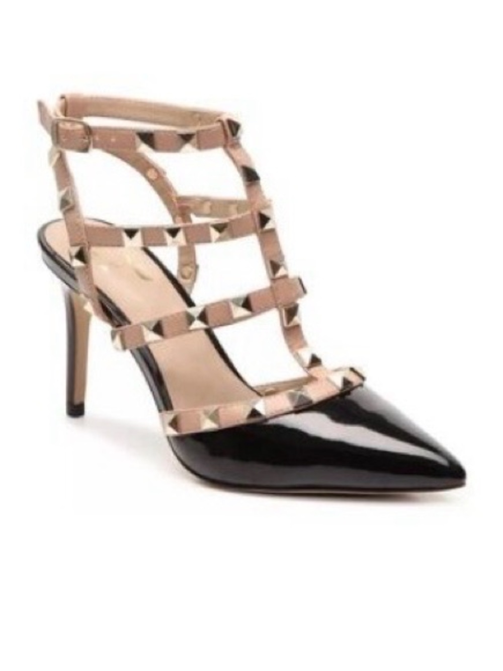 Mix No. 6 Black Patent Pointed-Toe Strappy Pumps with Nude Studded Trim
